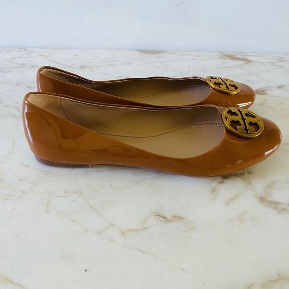 TORY BURCH Brown Patent Leather Ballerina Flats Gold Logo - US 7.5 - Picture 3 of 9